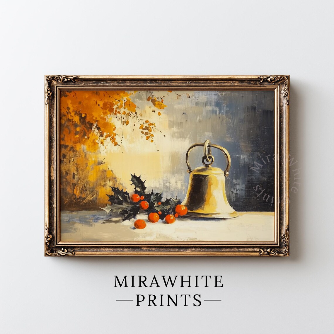 Golden Bell Holly Berries Autumn Leaves Holiday Still Life Print