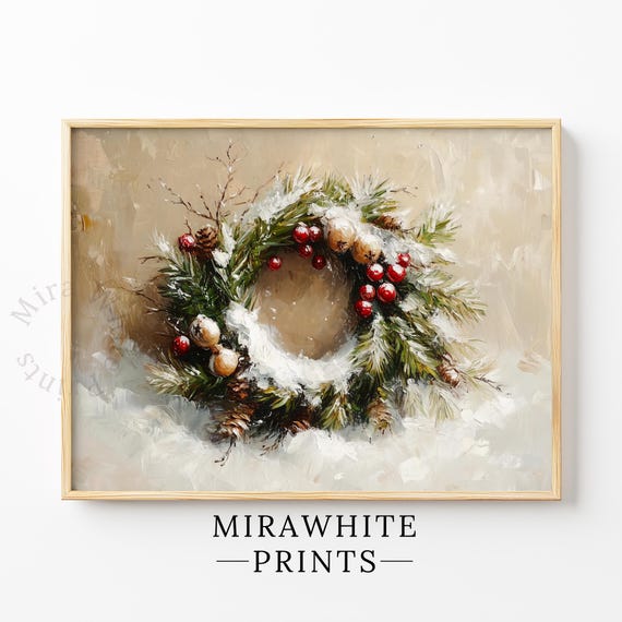 Rustic Winter Wreath Art Cozy Farmhouse Holiday Decor Vintage Pine Branches Festive Wall Instant 5
