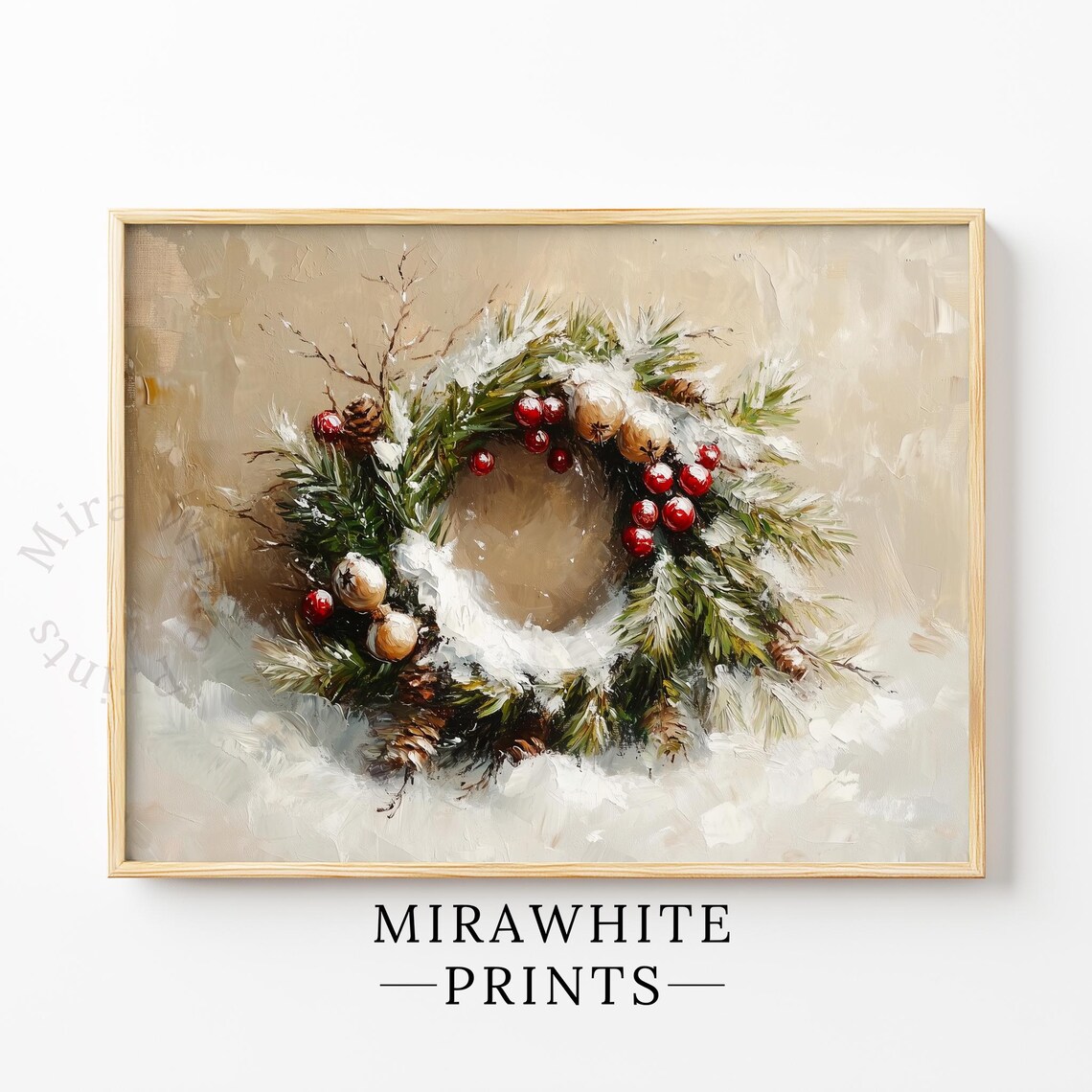 Snowy Christmas Wreath Red Berries Pinecones Holiday Painting Print