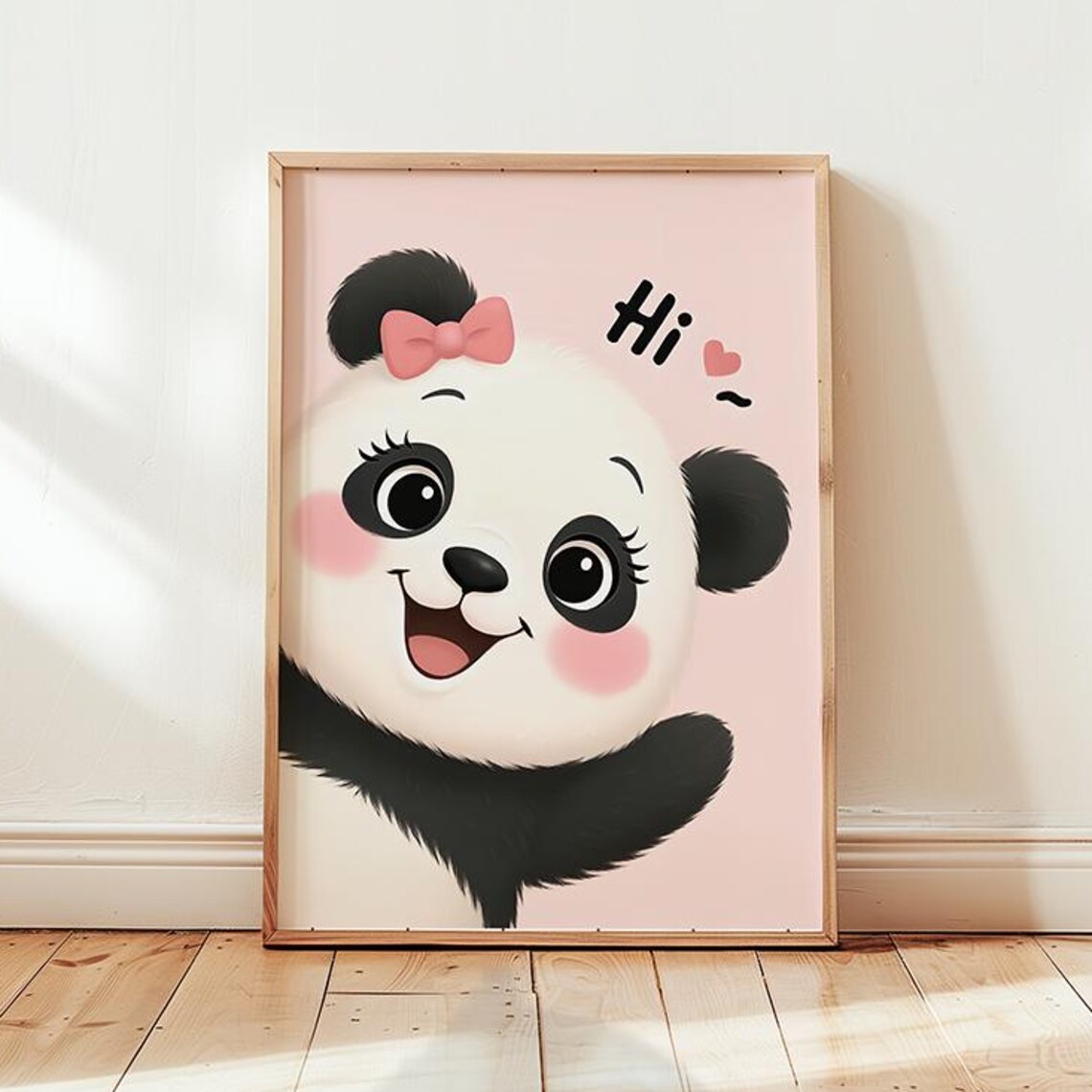 Cute Pink Panda Nursery Art With Bow and Hi Greeting Wall Poster