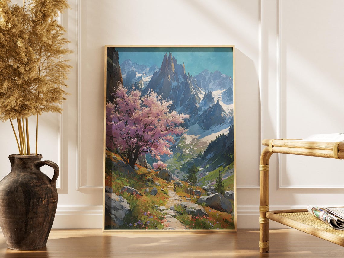 Cherry Blossom Tree Before Snowy Mountain Peaks Spring Art Poster