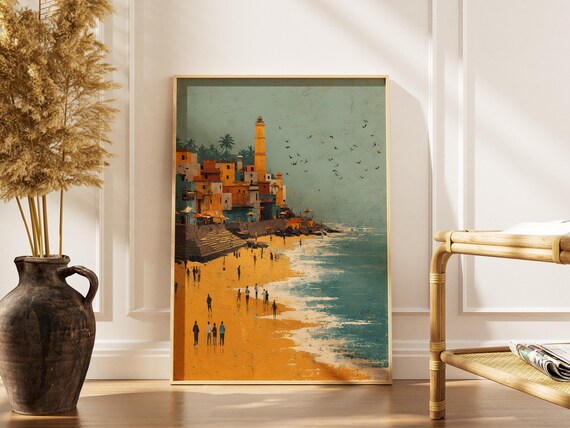Chennai Coastal City Art Print Vibrant India Beach Painting Lighthouse Travel Decor South