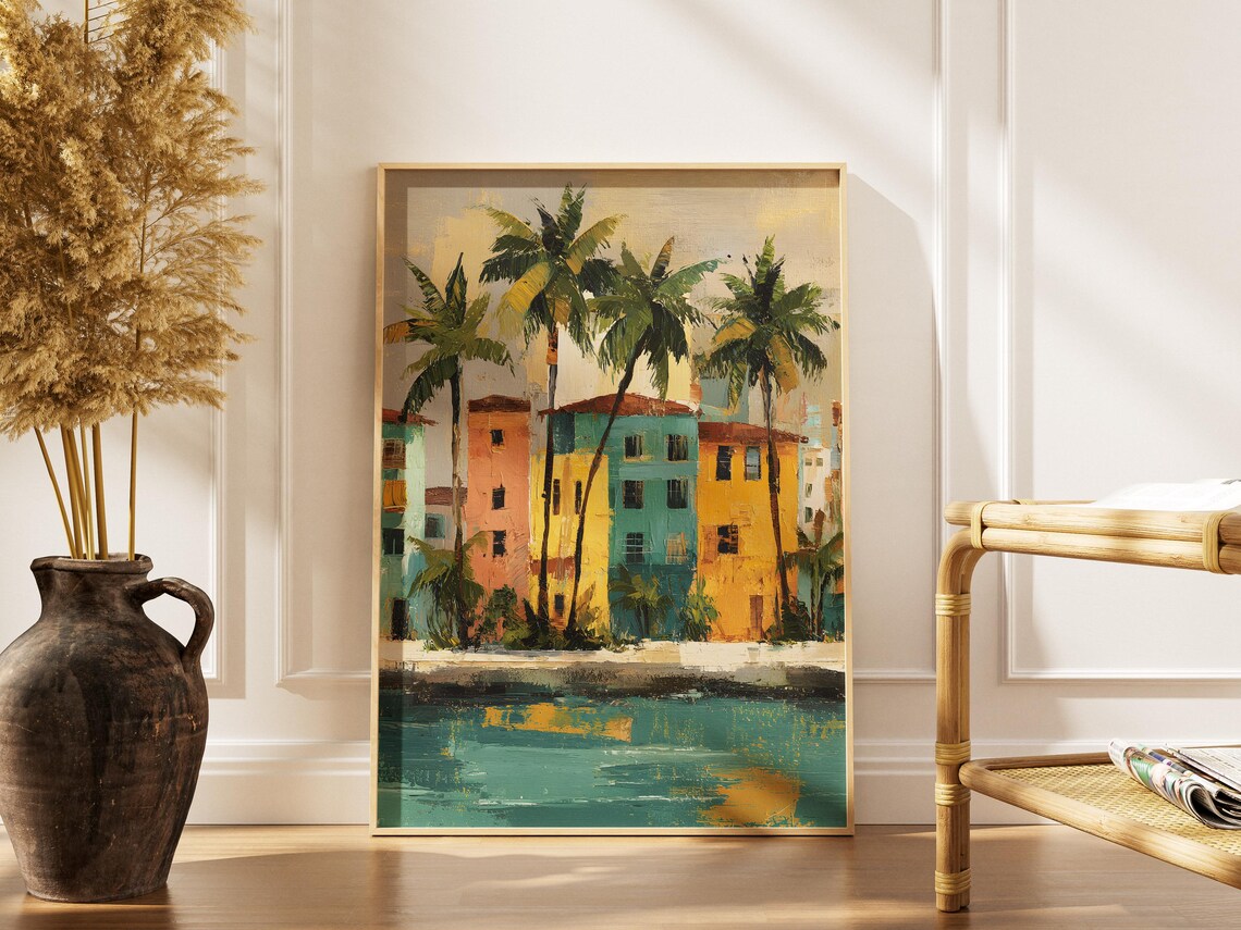 Colorful Waterfront Houses Palm Trees Tropical Oil Painting Art Print