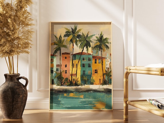 Tropical City Art Print Colorful Waterfront Houses Painting Palm Tree Coastal Town Decor Caribbean Travel Instant