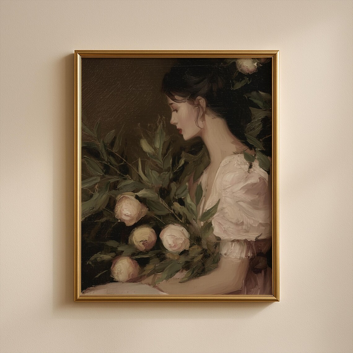 Woman Among White Roses Dark Romantic Oil Painting Portrait Poster