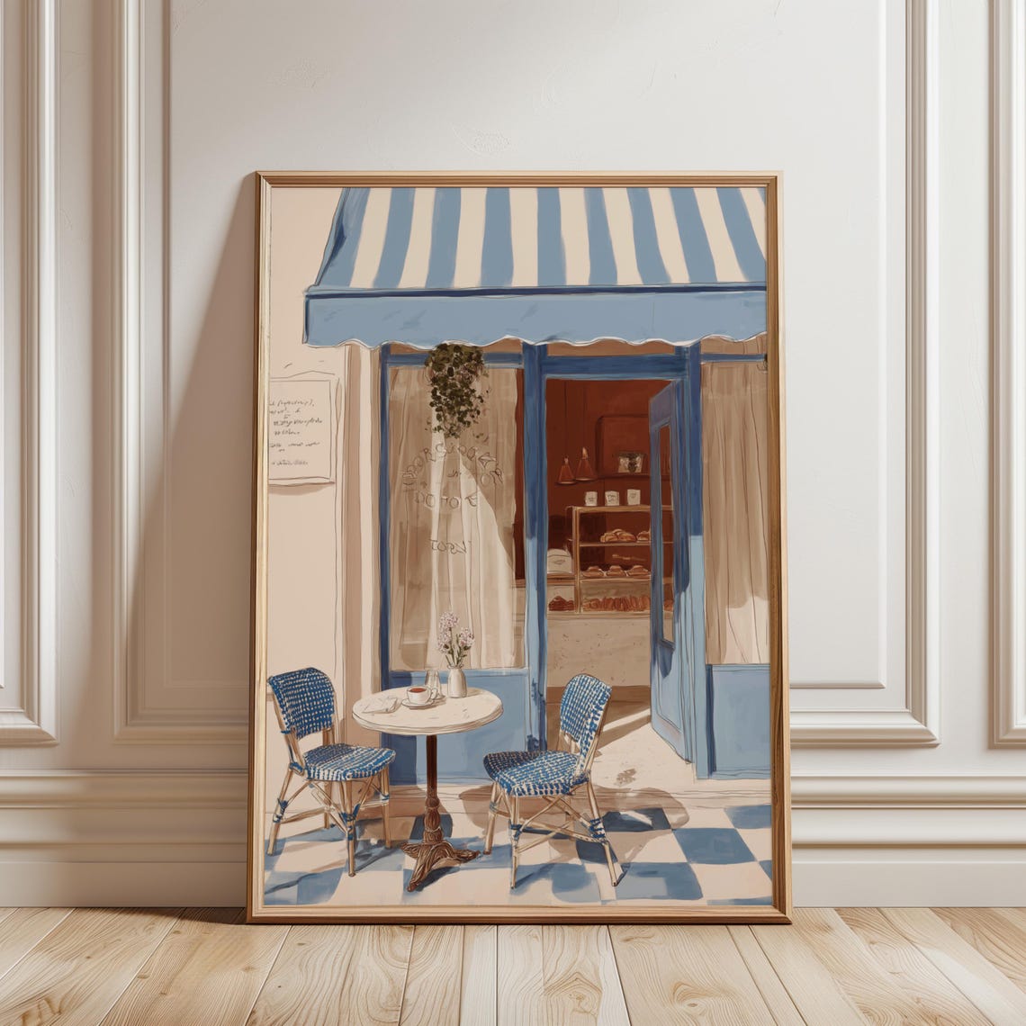 Blue Parisian Cafe Storefront Romantic French Illustration Poster