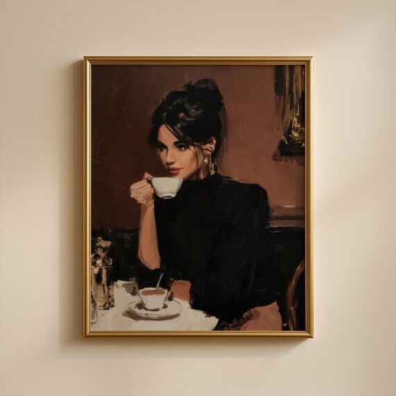 Moody Woman Drinking Coffee at Parisian Cafe Oil Painting Art Poster