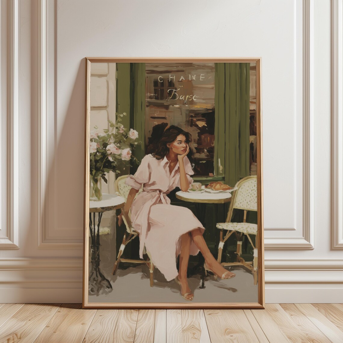 Elegant Woman in Pink Dress at French Cafe Window Vintage Art Poster