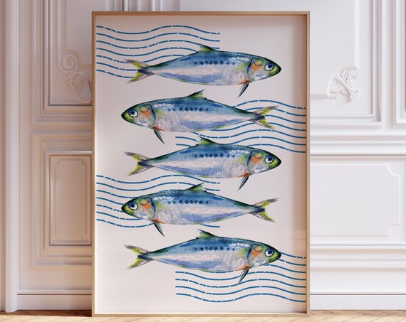 Sardines Print Retro Sardine Poster Vintage Style Wall Art Fish Poster For Kitchen Fish Illustration Mid Century Style Food Print