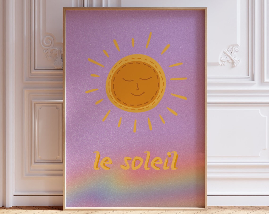 Le Soleil Smiling Sun Face Purple Boho French Typography Wall Poster