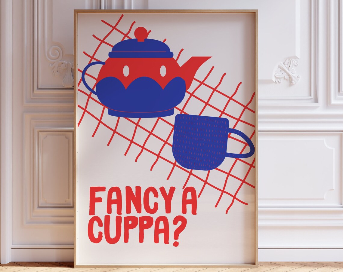 Fancy a Cuppa Red and Blue Teapot Bold Graphic Kitchen Wall Poster