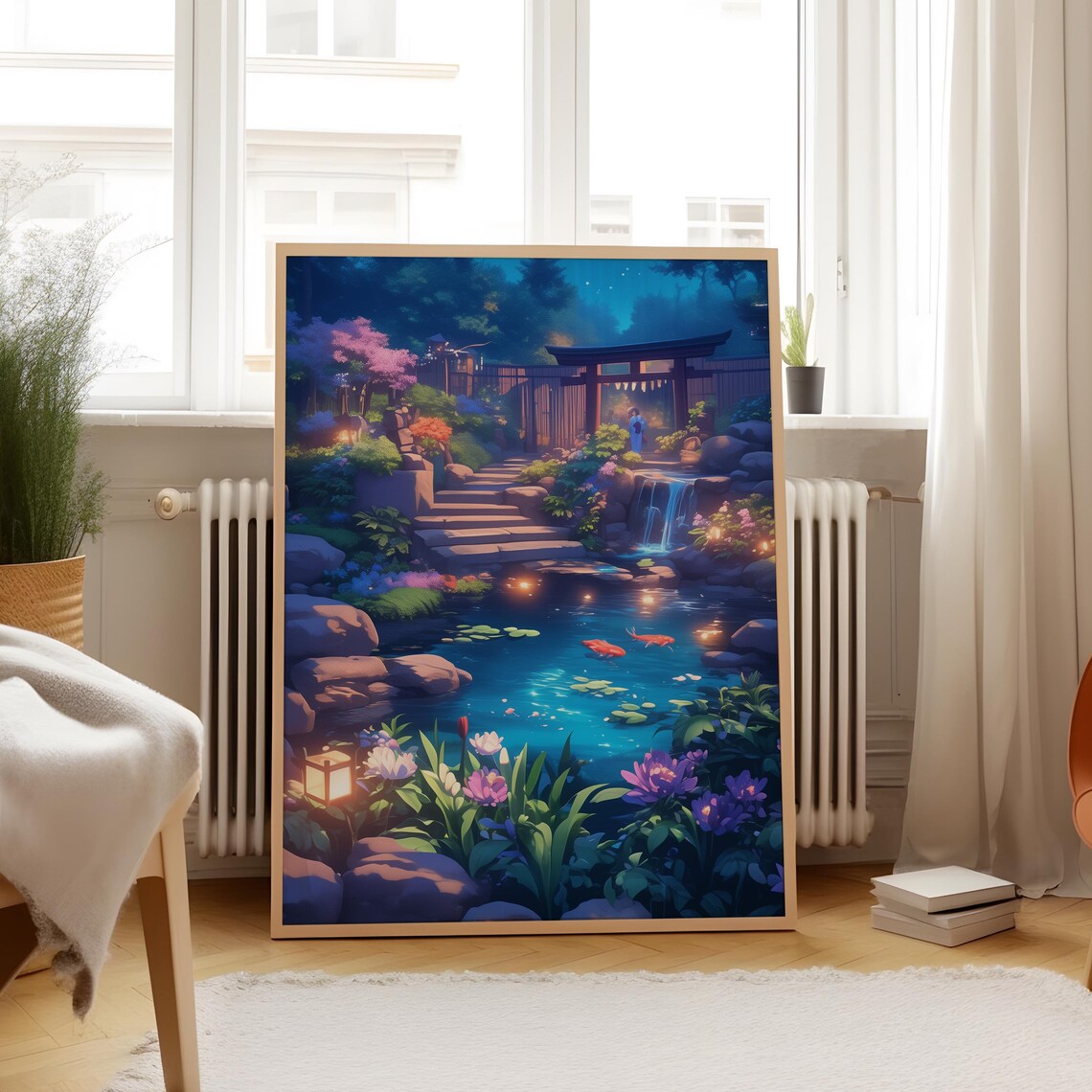 Serene Scenic Anime Japanese Koi Pond Garden at Twilight Poster