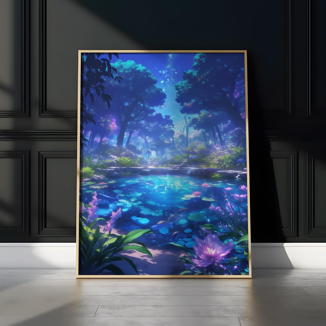Mystical Glowing Blue Forest Pond at Night With Lily Flowers Poster