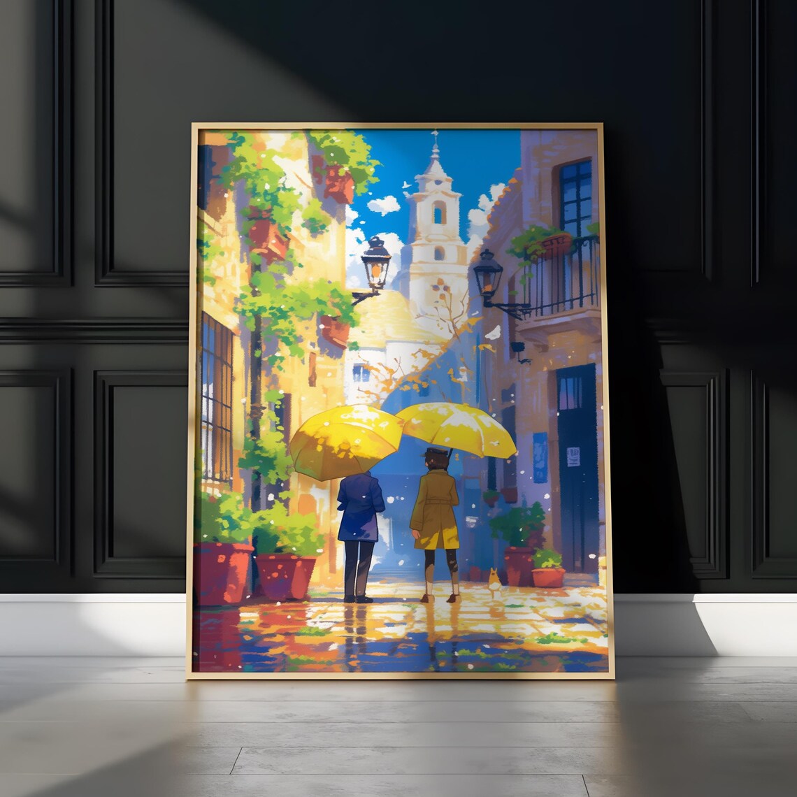 Yellow Umbrellas Rainy Alley Romance Couple European Street Poster