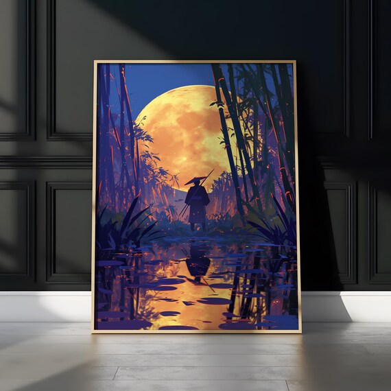 Anime Samurai Bamboo Forest Giant Moon Night Reflection Poster