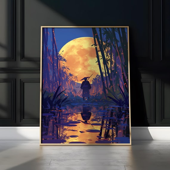 Anime Samurai Bamboo Forest Matte Vertical Poster Japanese Aesthetic Wall Art Full Moon Silhouette Scene Tranquil Mystical Decor Samurai