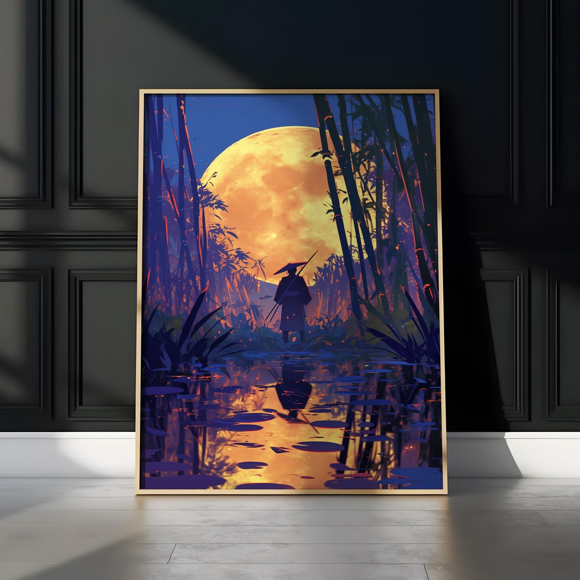 Anime Samurai Bamboo Forest Giant Moon Night Reflection Poster