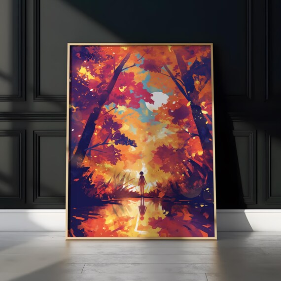 Small Figure Under Autumn Trees Beside Glowing Moonlit Water Poster