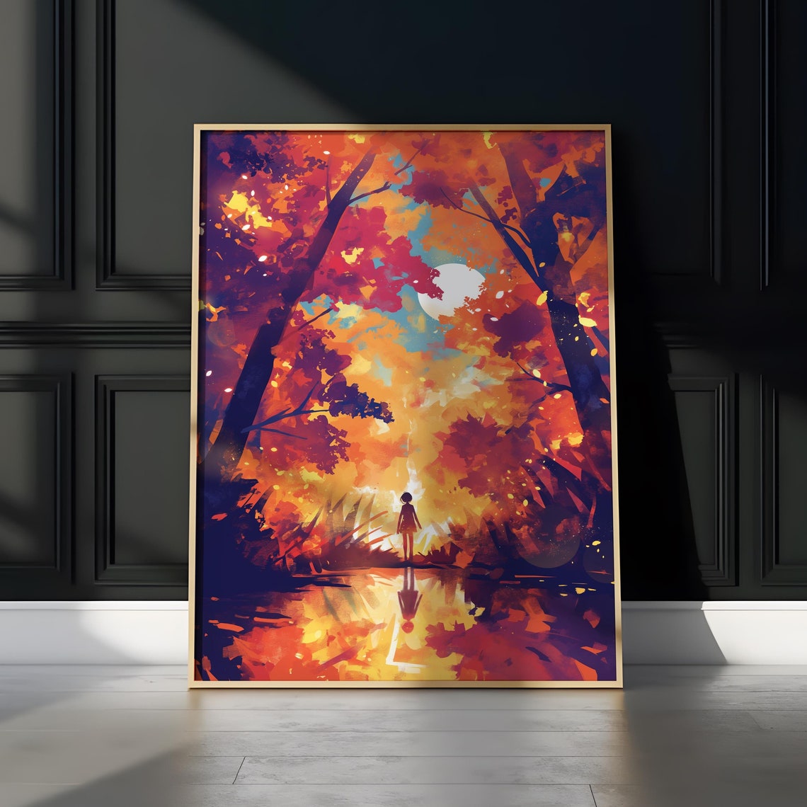 Small Figure Under Autumn Trees Beside Glowing Moonlit Water Poster