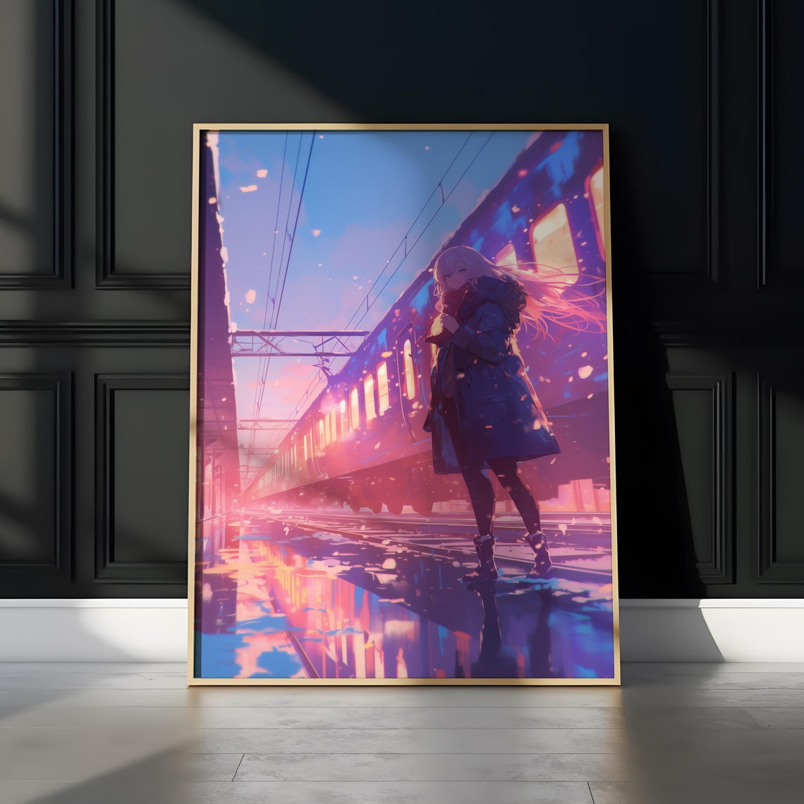 Anime Girl Snowy Train Station Sunset Pink Winter Tracks Poster