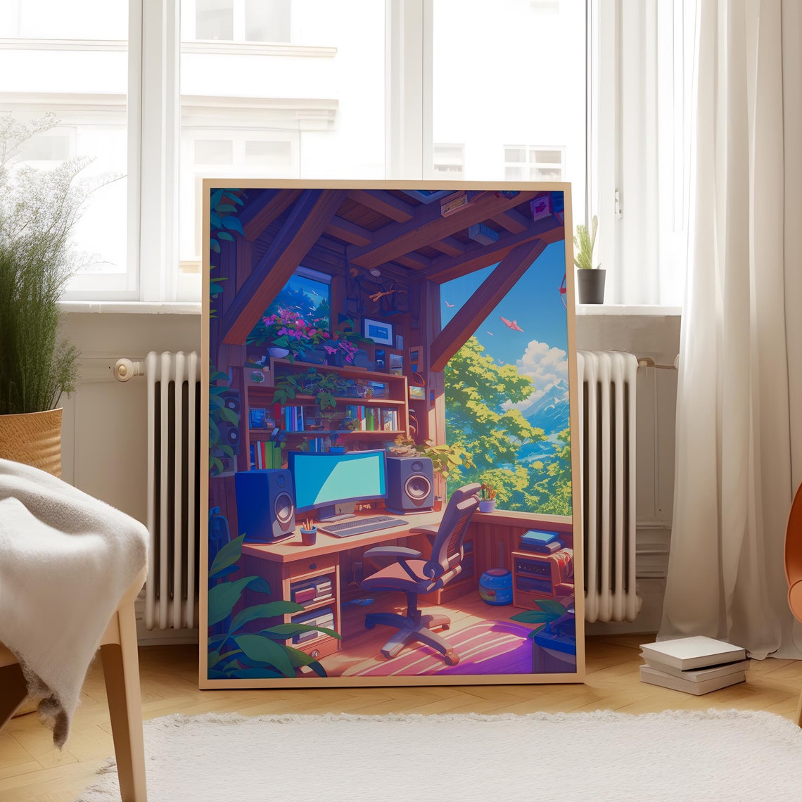 Cozy Anime Home Studio Desk Mountain View Sunlit Workspace Poster