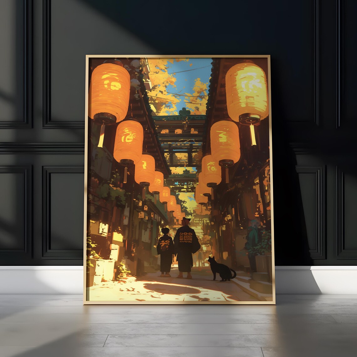 Anime Lantern Lit Japanese Old Town Street Night Scene Poster