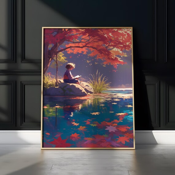 Quiet Cozy Anime Boy Reading Book by Autumn Maple Pond Poster