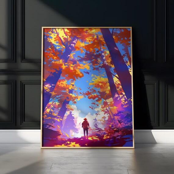 Lone Traveler in Vibrant Autumn Forest Clearing Anime Poster