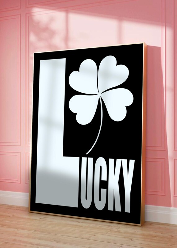 Lucky Black White Contrast Block Letters Shamrock Typography Poster
