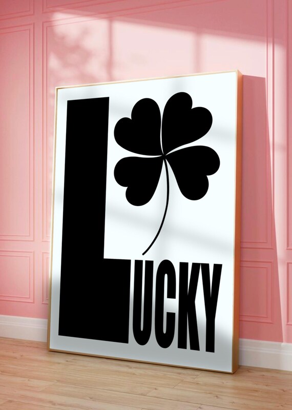 Lucky Bold Black Lettering Clover Minimalist Typography Poster