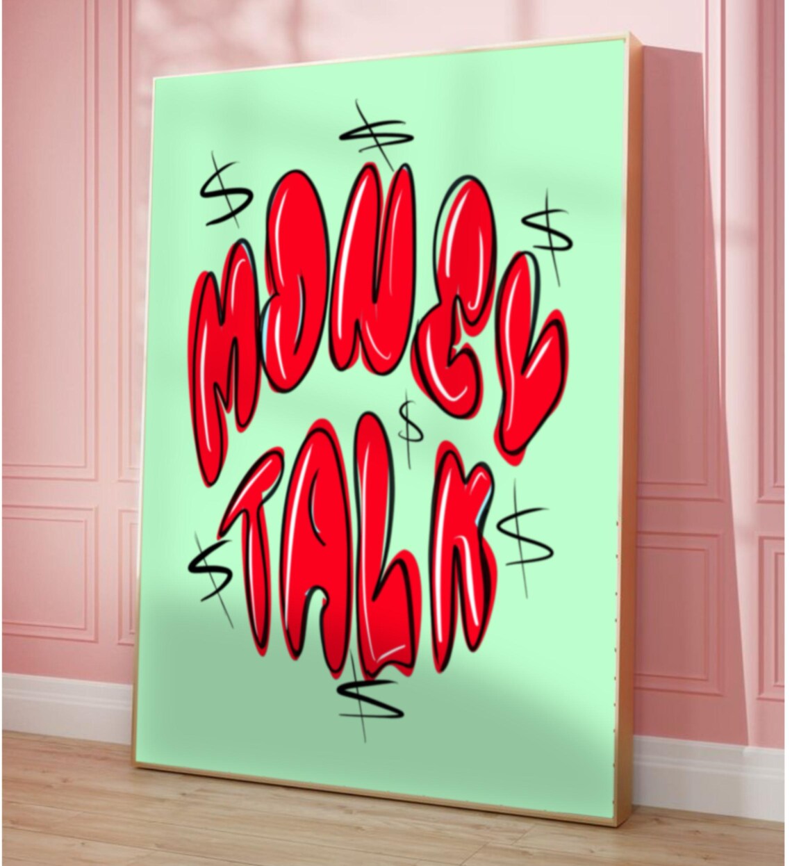 Money Talk Red Bubble Letters Dollar Signs Bold Typography Art Poster