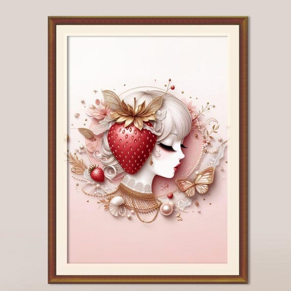 Coquette Strawberryprintable Wall Art Girly Decor Bedroom Posterfruit Print Artstrawberries Pearls Gold Butterflies