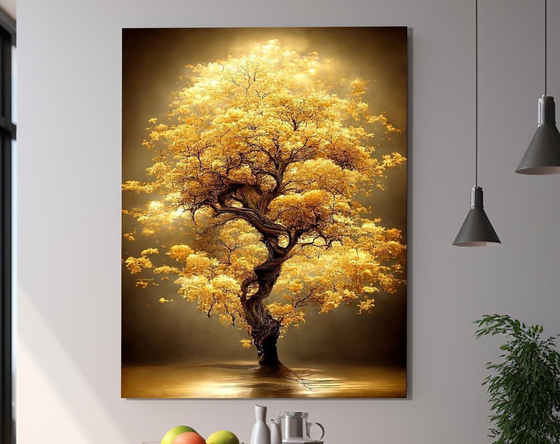 Life Of Tree Gold Floral Design Wall Art Print
