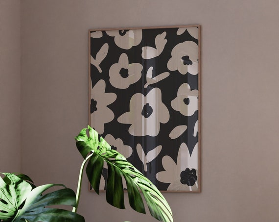 Abstract Black And Beige Flowers Art Print Cute Floral Wall Decor Dark Boho Minimal Poster Moody Floral Poster 0730