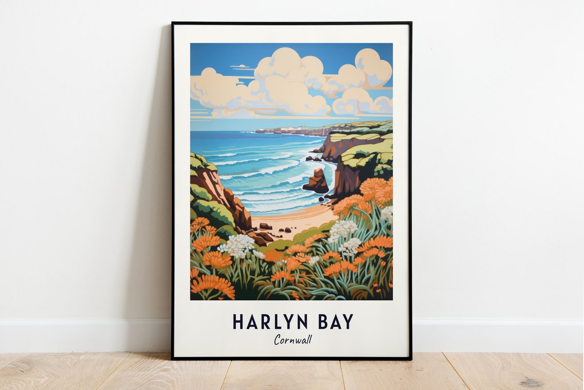 Harlyn Bay Cornwall Cliff Cove With Orange Wildflowers Poster