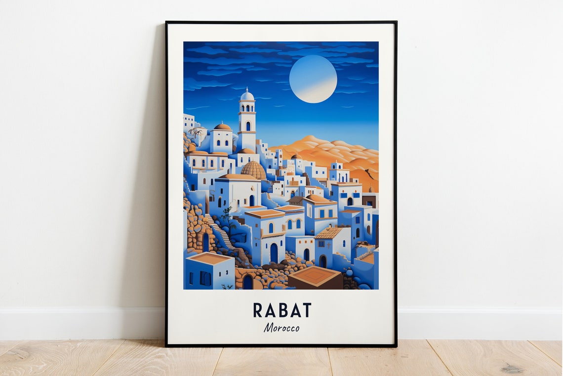 Rabat Moonlit White Medina Rooftops Domes Night Morocco Travel Poster