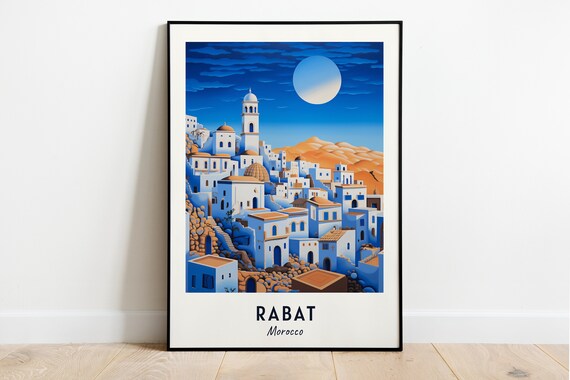Rabat Moonlit White Medina Rooftops Domes Night Morocco Travel Poster