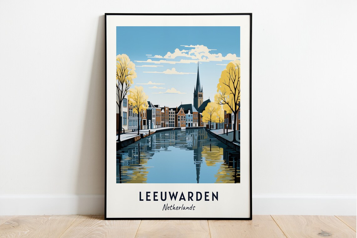 Leeuwarden Netherlands Canal Brick Town Church Spire View Poster