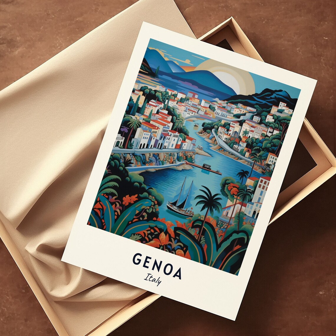 Genoa Italy Sunset Bay Sailboats Classic Travel Poster Home Decor - Image 3