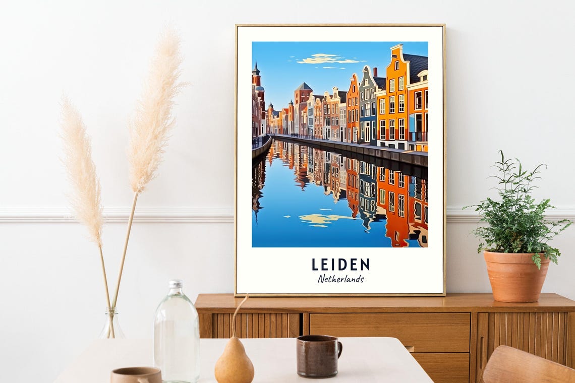Leiden Netherlands Canal Gabled Houses Mirror Reflection Poster - Image 2