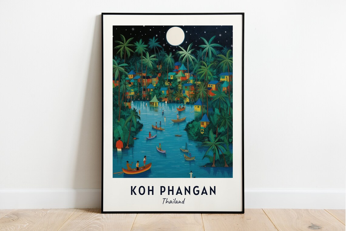 Koh Phangan Thailand Moonlit Lagoon Boats Night Travel Poster