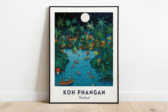 Koh Phangan Thailand Moonlit Lagoon Boats Night Travel Poster