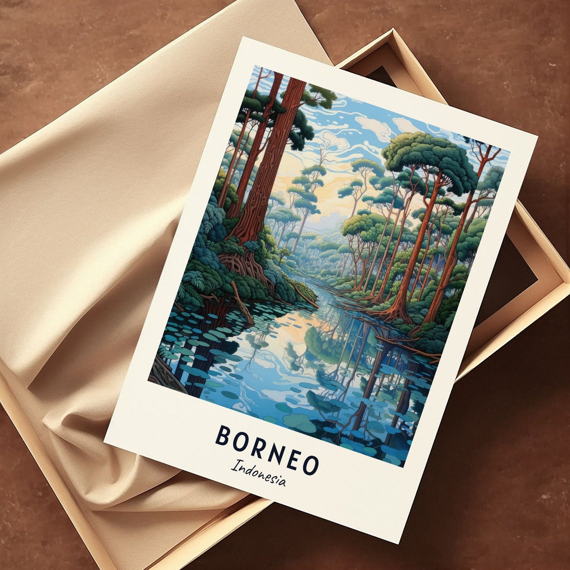 Borneo Rainforest River Mirror Reflections Indonesia Travel Poster - Image 3