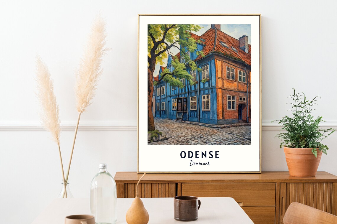 Odense Denmark Historic Blue Half Timbered House Travel Poster - Image 2