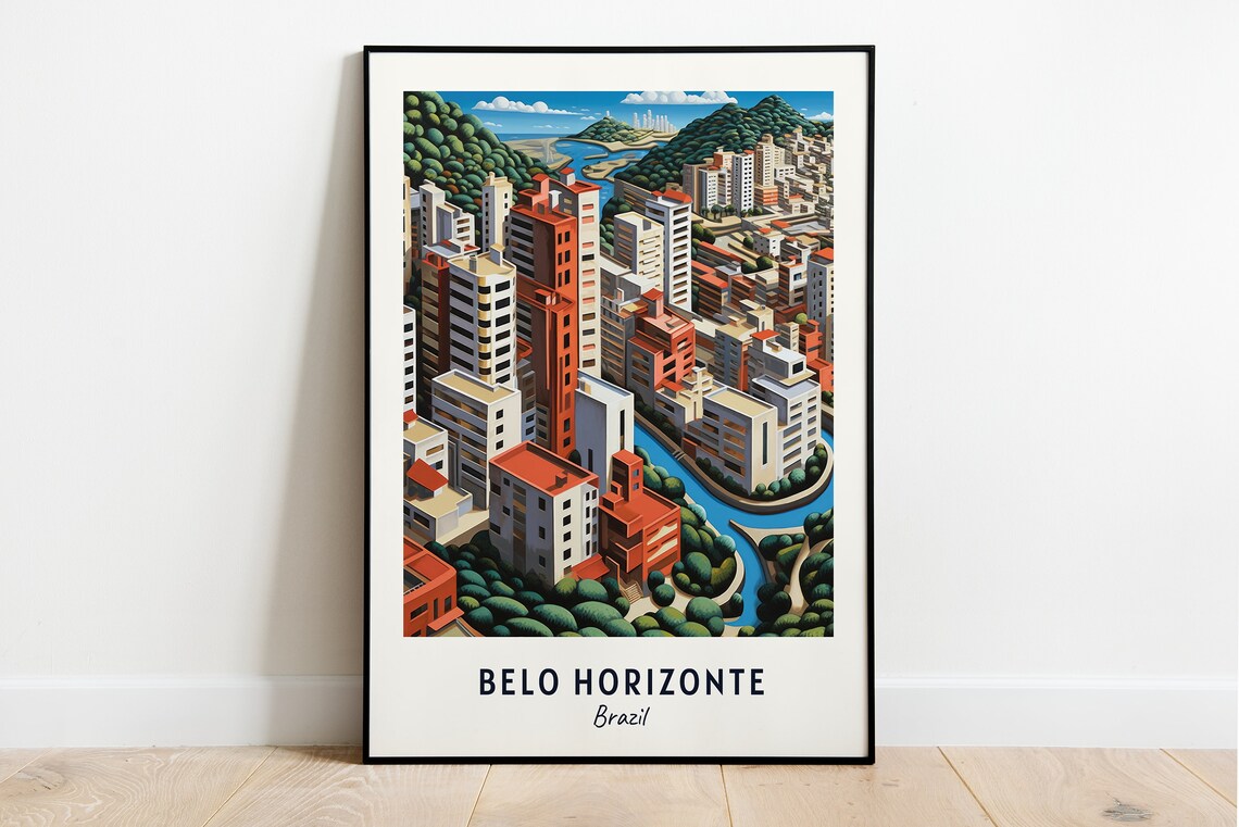 Belo Horizonte Brazil Modern Cityscape River Skyline Travel Poster