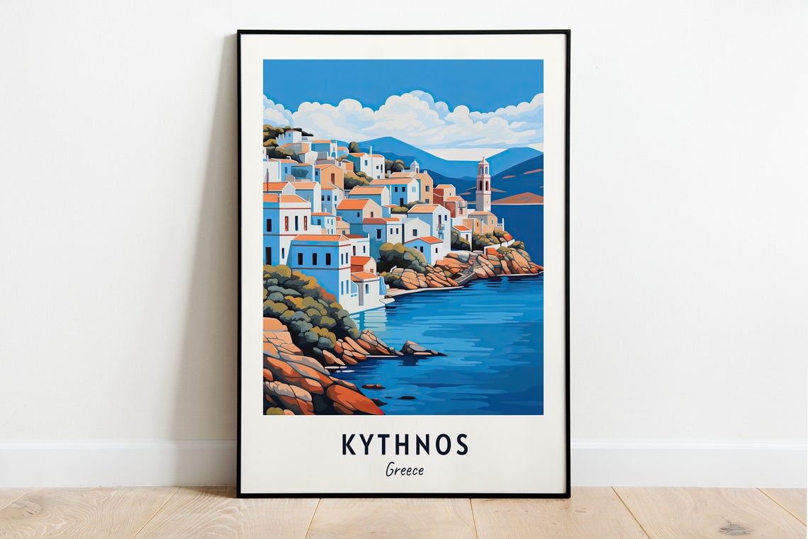 Kythnos Greece Whitewashed Island Village Rocky Coast Travel Poster