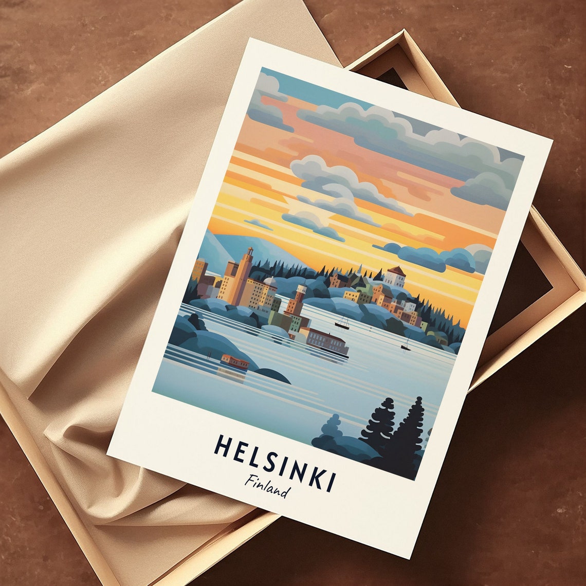 Helsinki Harbor Sunset Ferries Pastel Striped Sky Travel Poster - Image 3