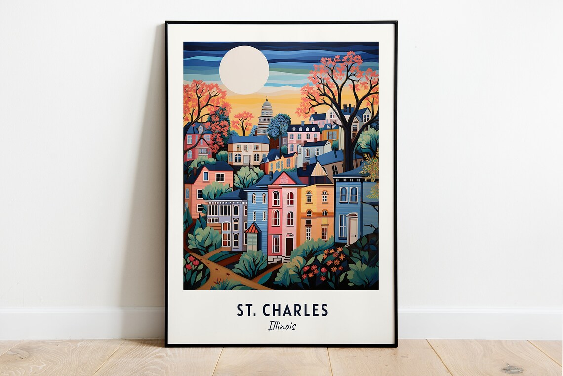 St Charles Illinois Colorful Sunset Neighborhood Moon Poster