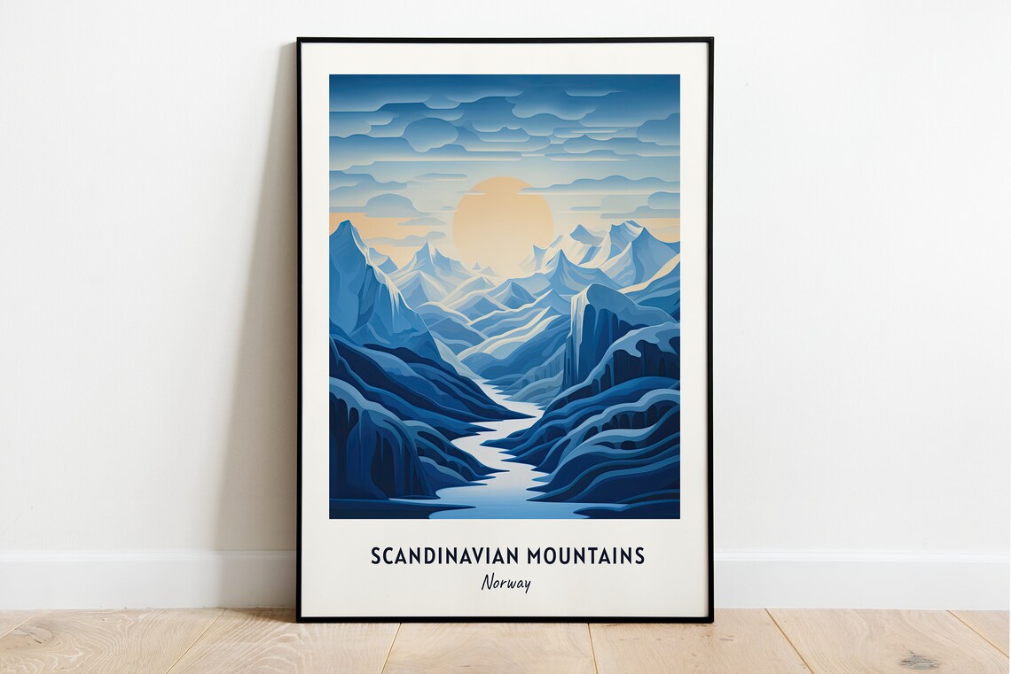Scandinavian Mountains Norway Snowy Peaks Vintage Travel Poster
