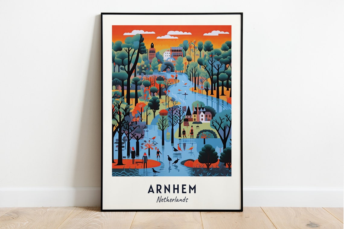 Arnhem Netherlands Sunset Park Wildlife Illustrated Travel Poster